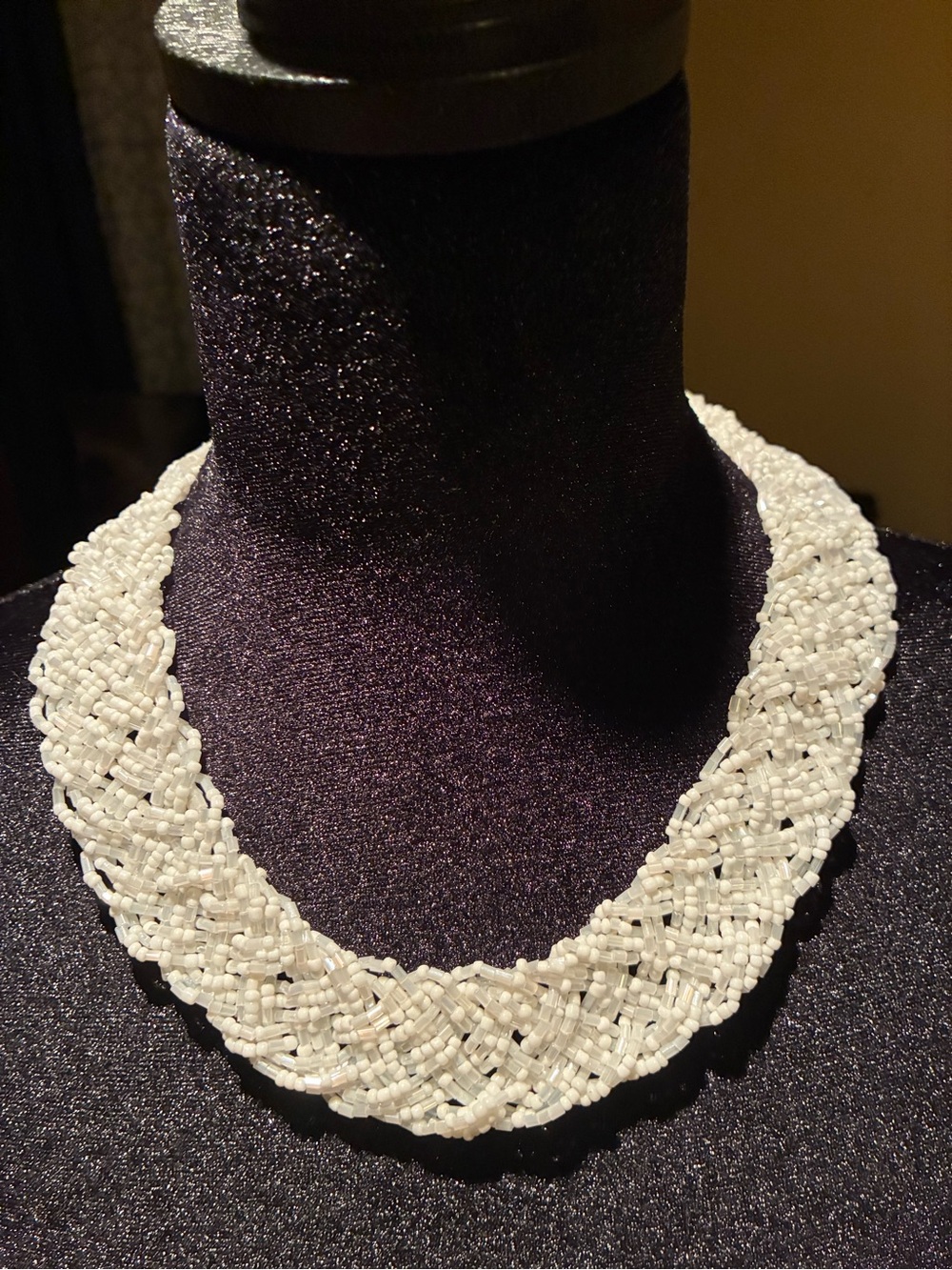 Braided White Seed-Bead Collar Necklace for Women